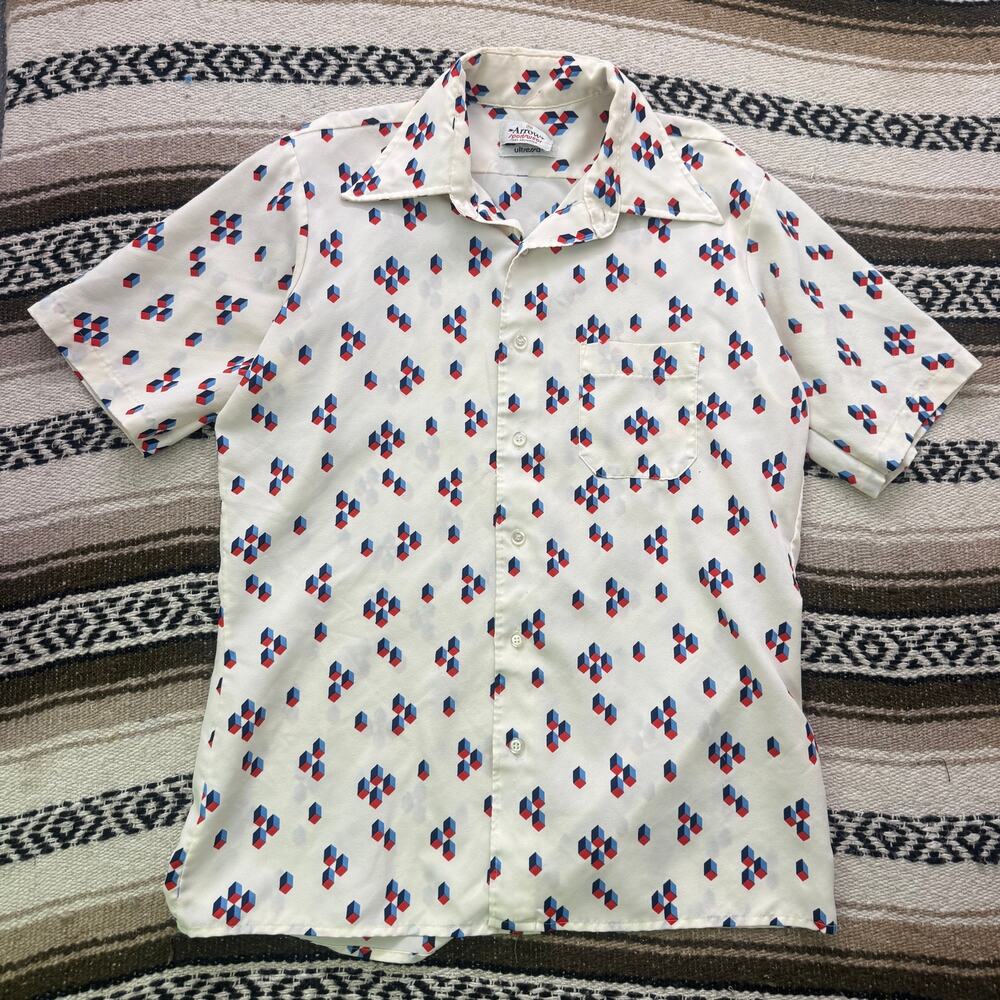 Men's Vintage 70's Arrow Sportswear White Blue Button Up Short Sleeve Shirt Sz L